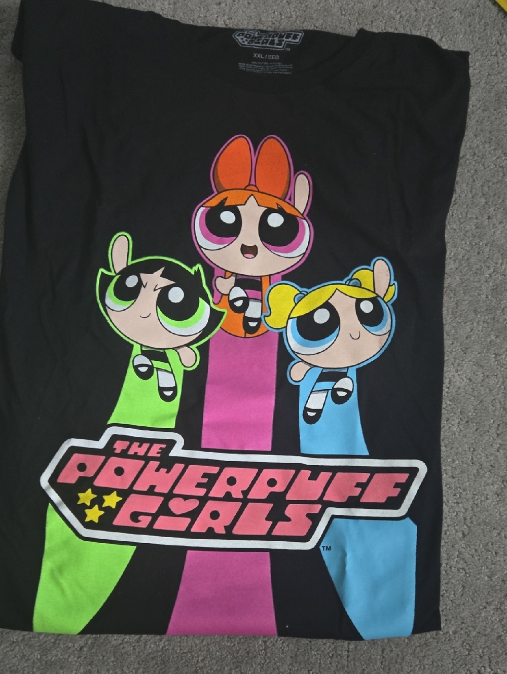 Power Ranger The Powerpuff Girls Black Tee with Neon Pink Green Blue Graphics